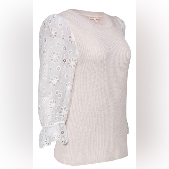 Rebecca Taylor Cream Ribbed Cotton & Silk W/Eyelet Puff Sleeve Sweater - Picture 3 of 10